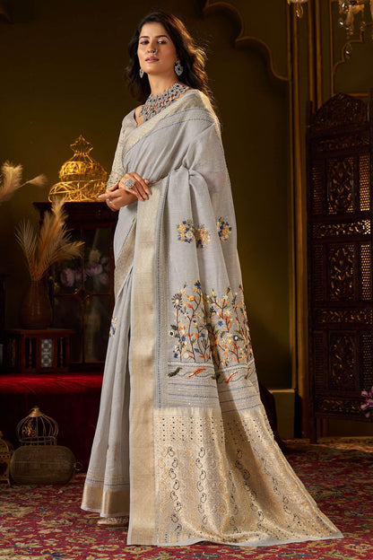 Moiety Grey Handwork Linen Silk Saree With Vivacious Blouse Piece