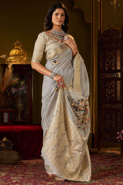 Moiety Grey Handwork Linen Silk Saree With Vivacious Blouse Piece