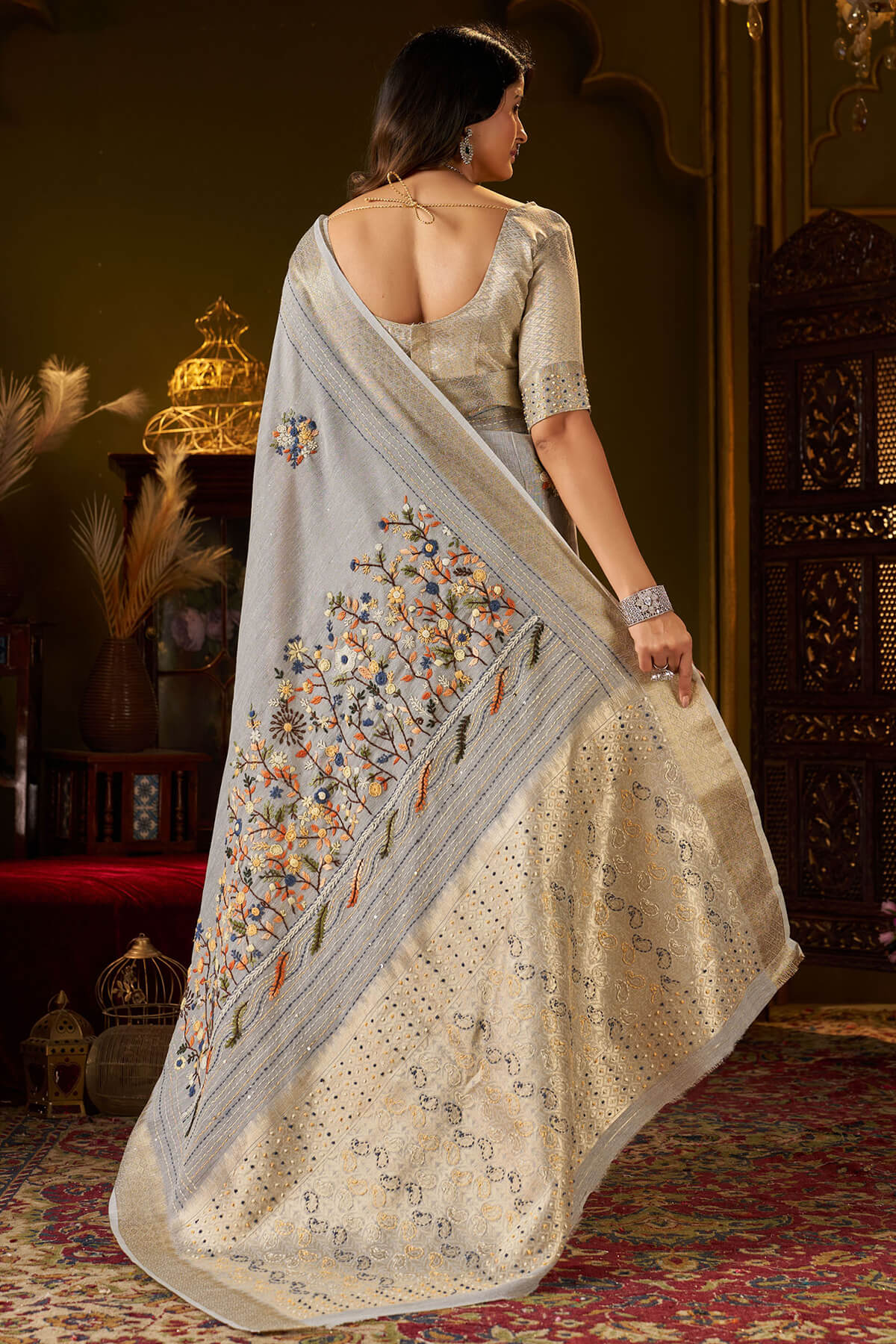 Moiety Grey Handwork Linen Silk Saree With Vivacious Blouse Piece