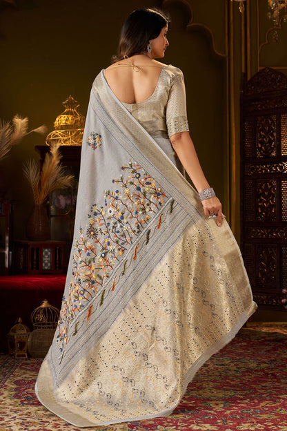 Moiety Grey Handwork Linen Silk Saree With Vivacious Blouse Piece