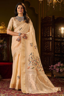 Alluring Peach Handwork Linen Silk Saree With Comely Blouse Piece