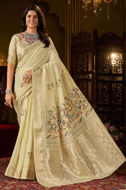 Jubilant Pista Handwork Linen Silk Saree With Classic Blouse Piece
