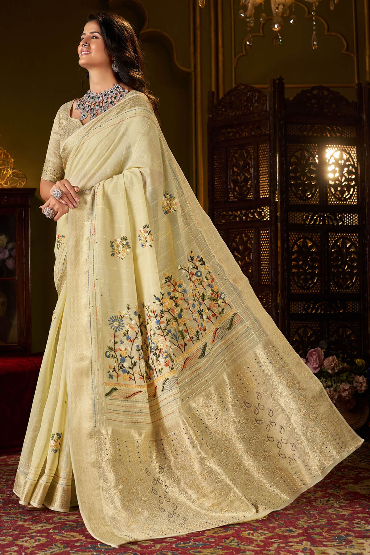 Jubilant Pista Handwork Linen Silk Saree With Classic Blouse Piece