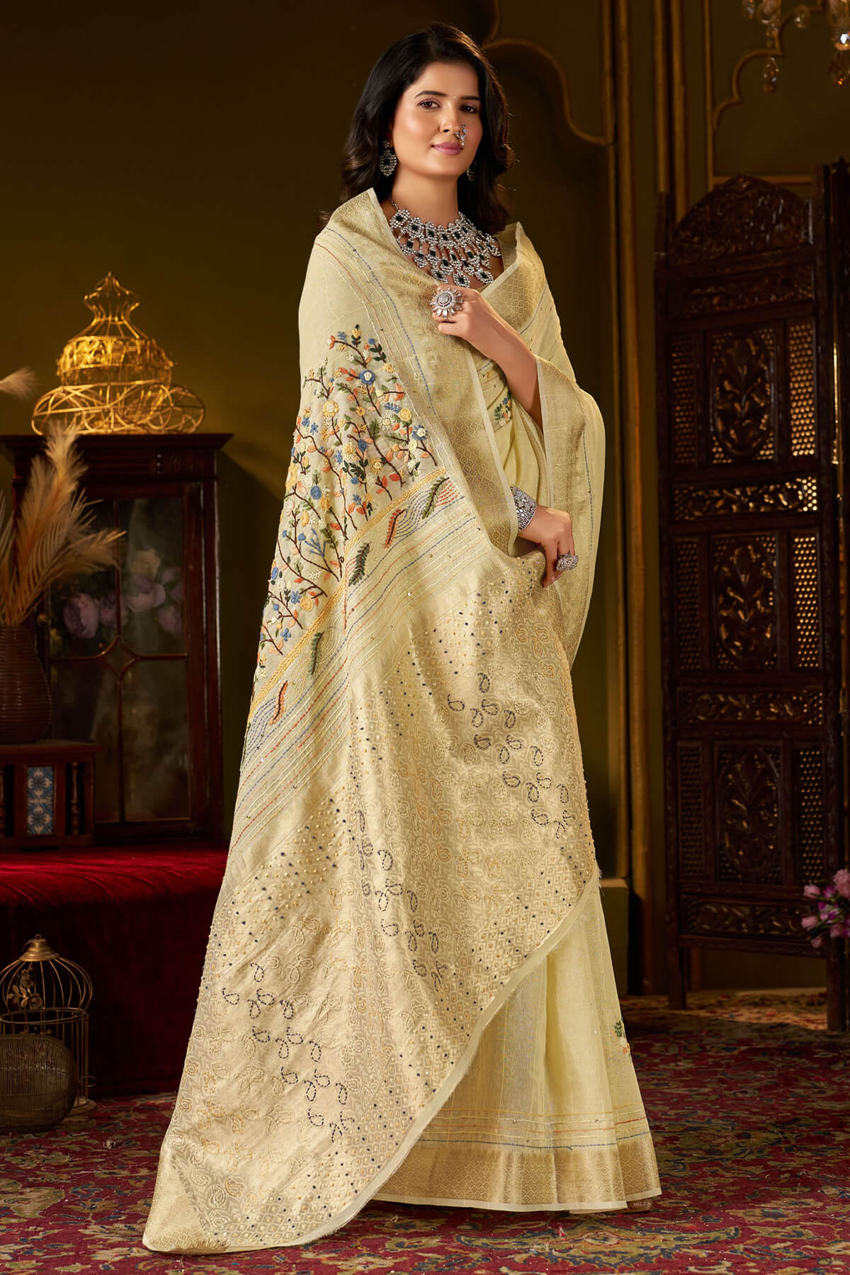 Jubilant Pista Handwork Linen Silk Saree With Classic Blouse Piece