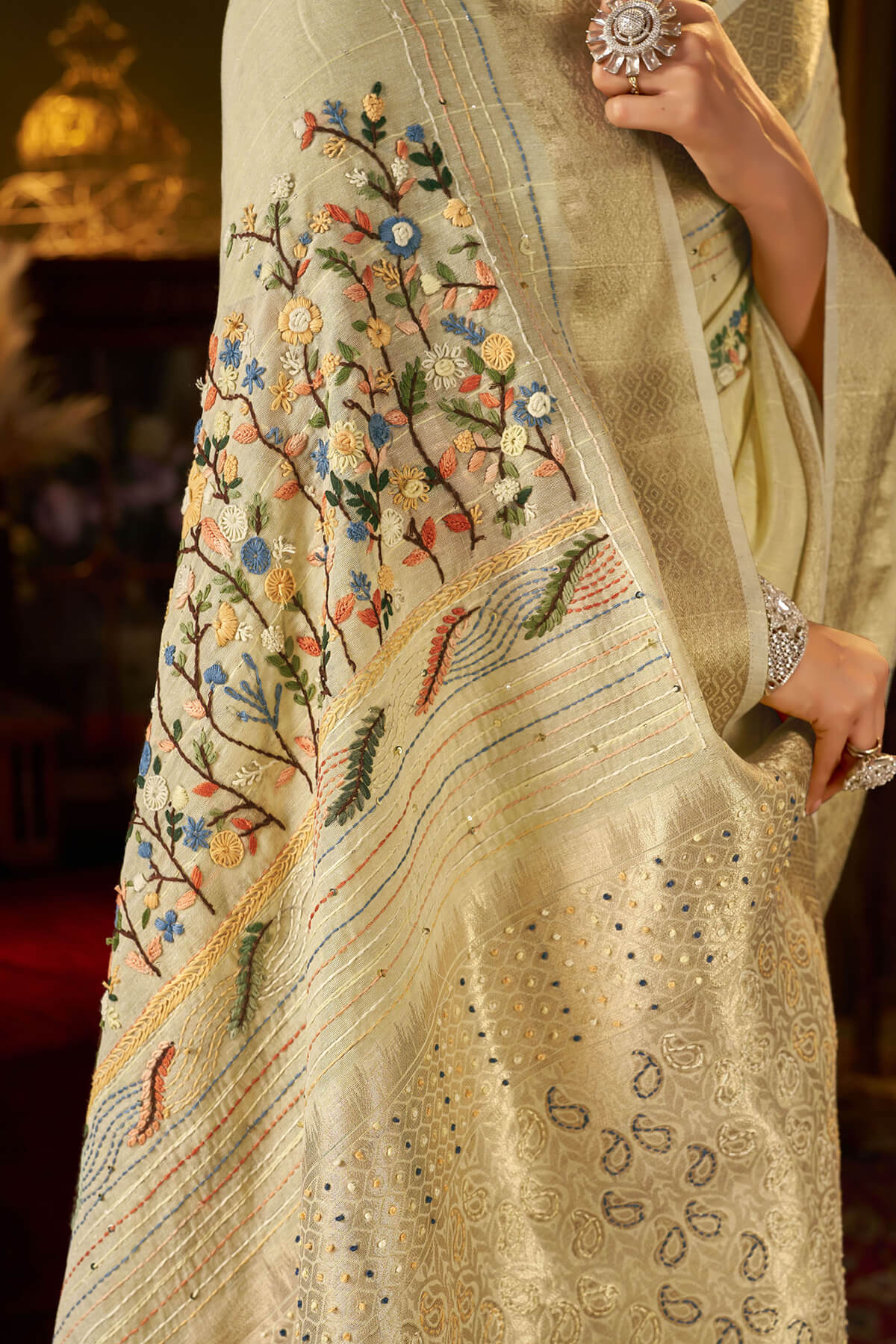 Jubilant Pista Handwork Linen Silk Saree With Classic Blouse Piece