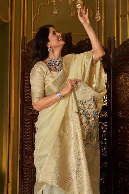 Jubilant Pista Handwork Linen Silk Saree With Classic Blouse Piece