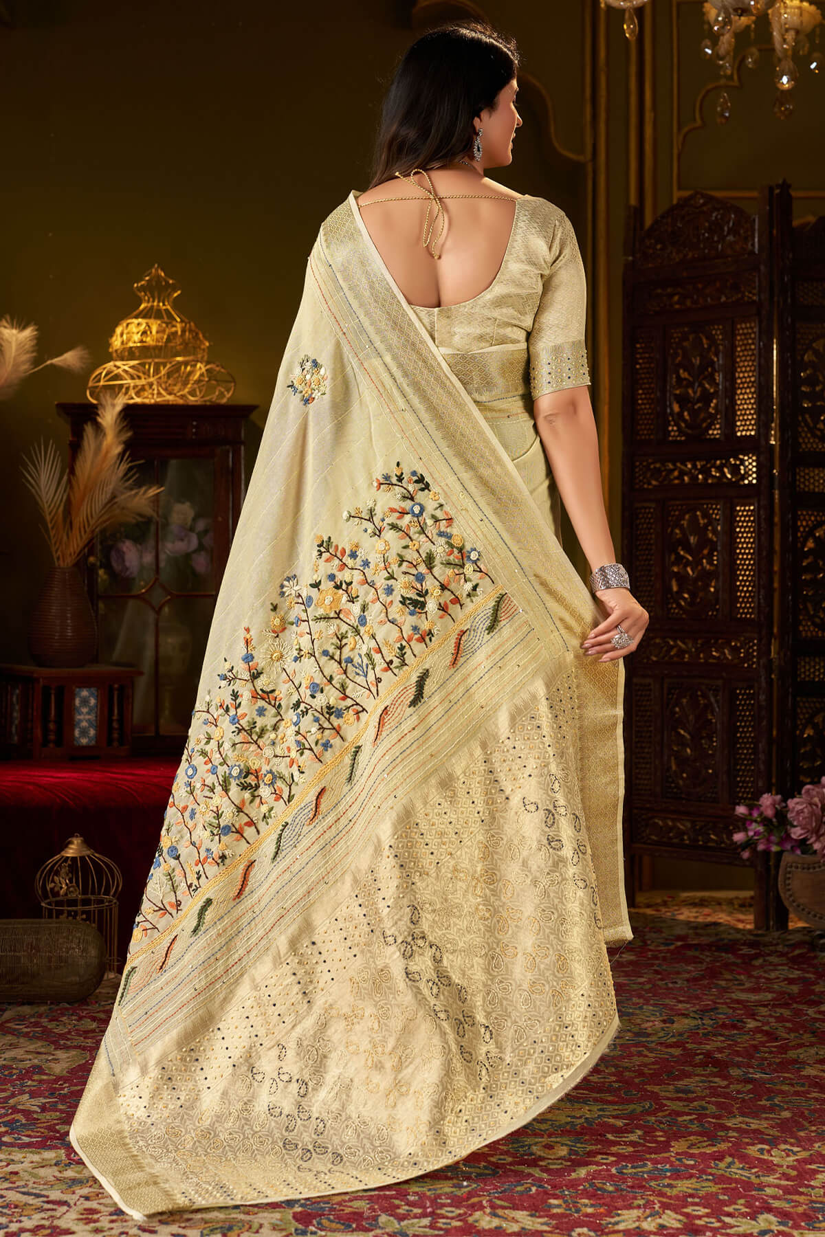 Jubilant Pista Handwork Linen Silk Saree With Classic Blouse Piece