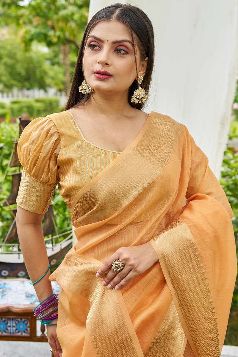 Luminous Peach Cotton Silk Saree With Most Stunning Blouse Piece