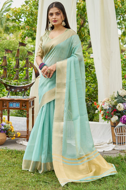 Designer Sky Cotton Silk Saree With Effulgent Blouse Piece