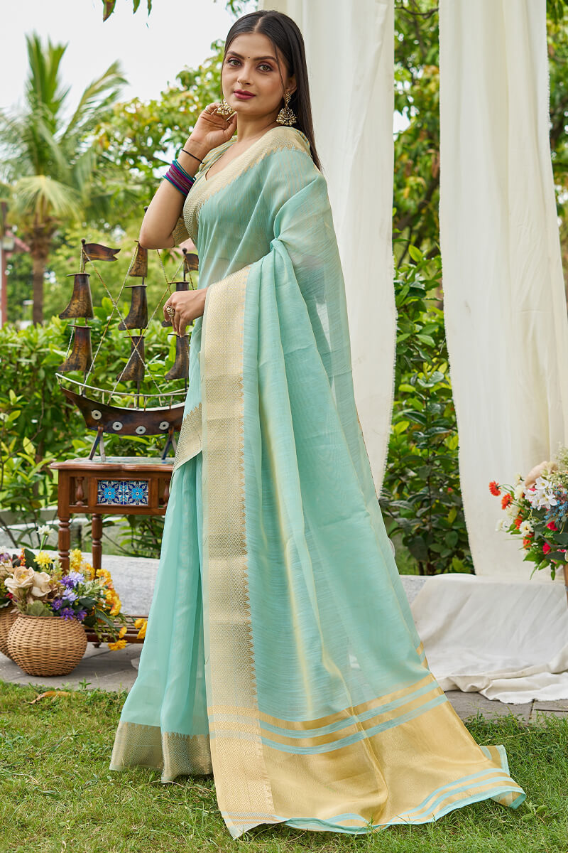Designer Sky Cotton Silk Saree With Effulgent Blouse Piece