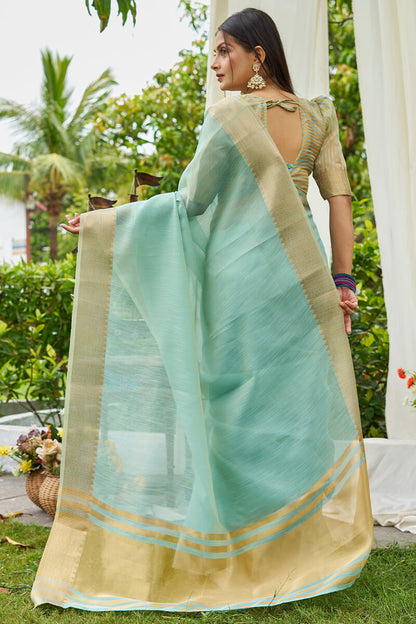 Designer Sky Cotton Silk Saree With Effulgent Blouse Piece