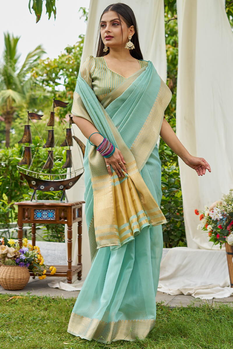 Designer Sky Cotton Silk Saree With Effulgent Blouse Piece