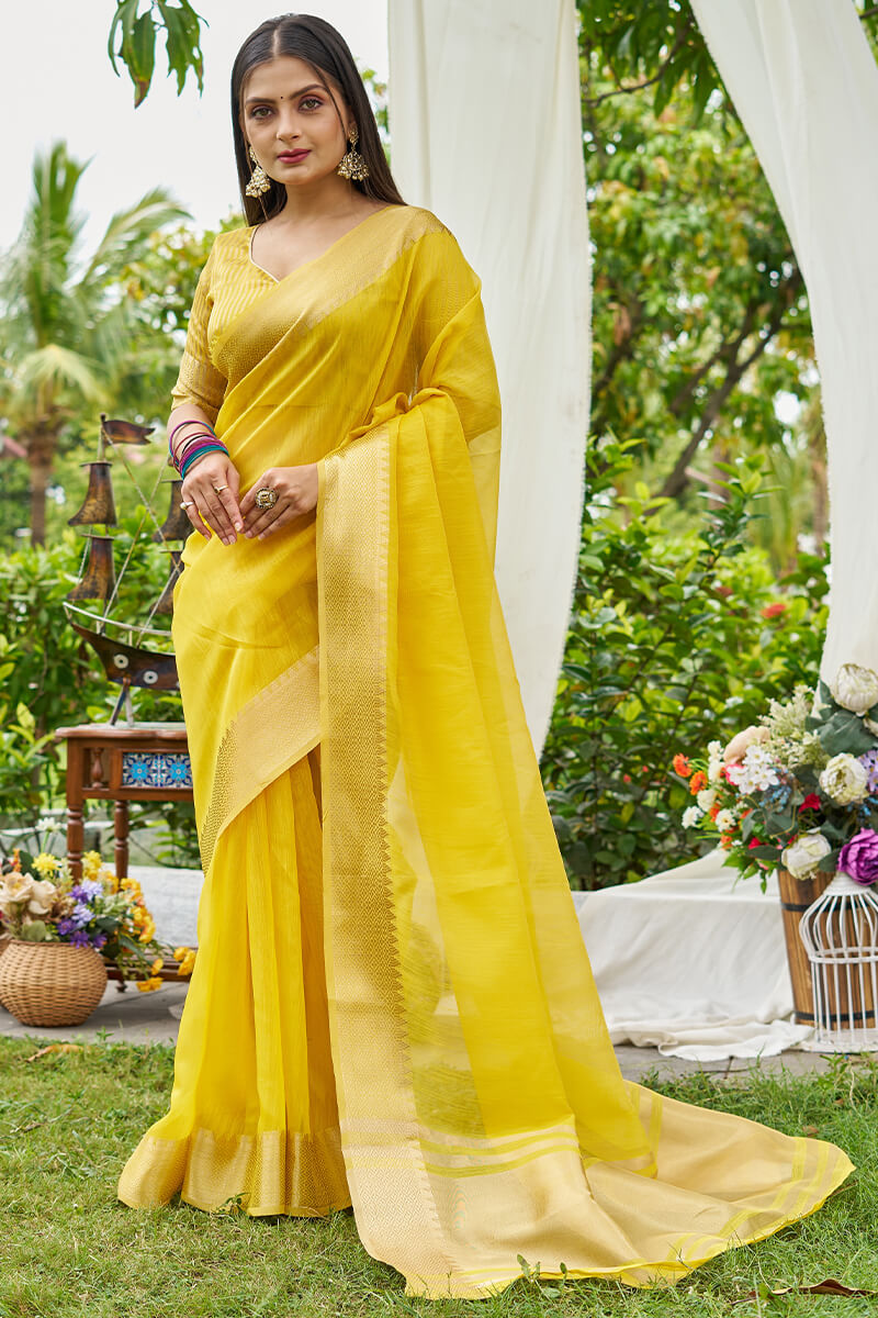 Opulent Yellow Cotton Silk Saree With Charming Blouse Piece