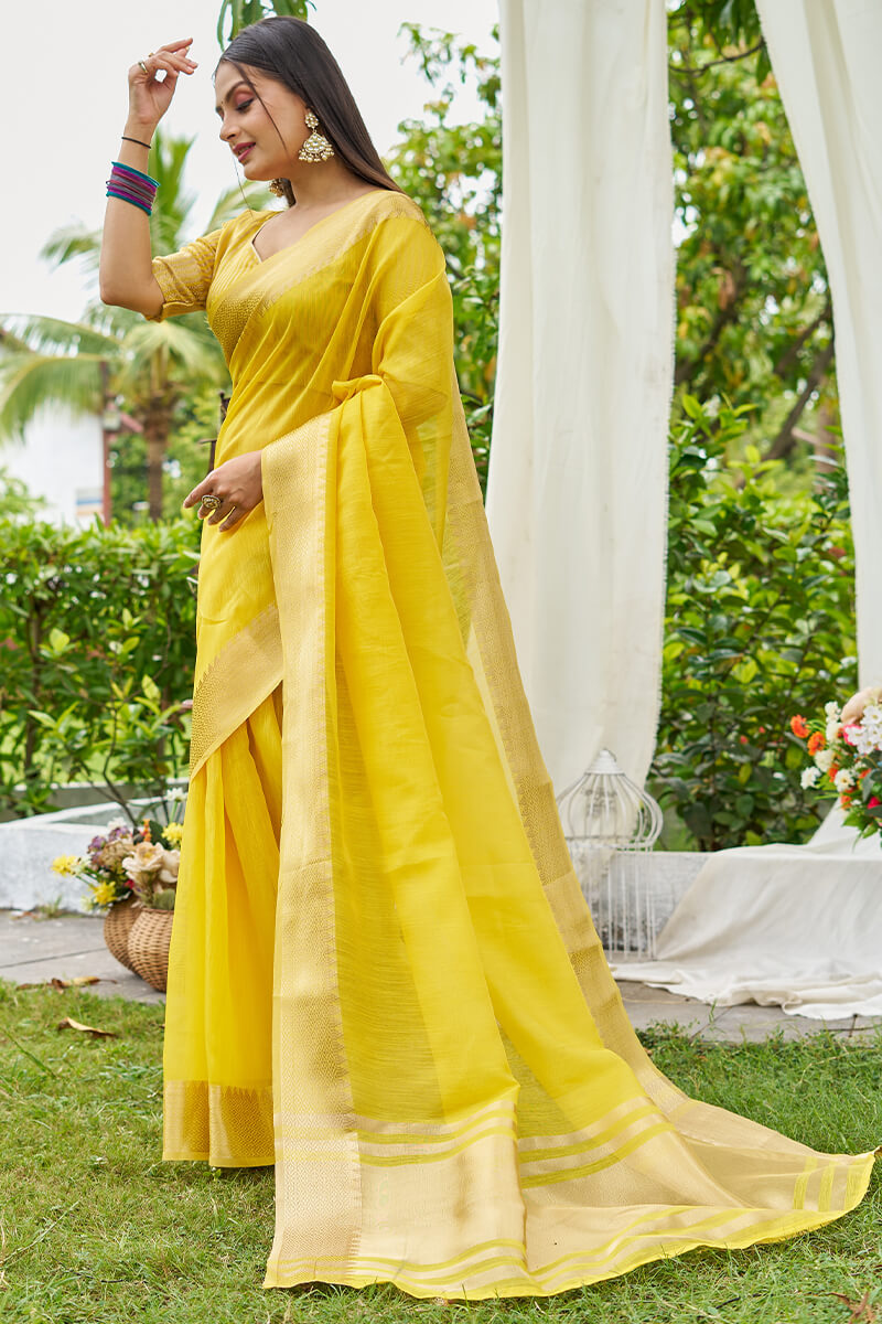 Opulent Yellow Cotton Silk Saree With Charming Blouse Piece