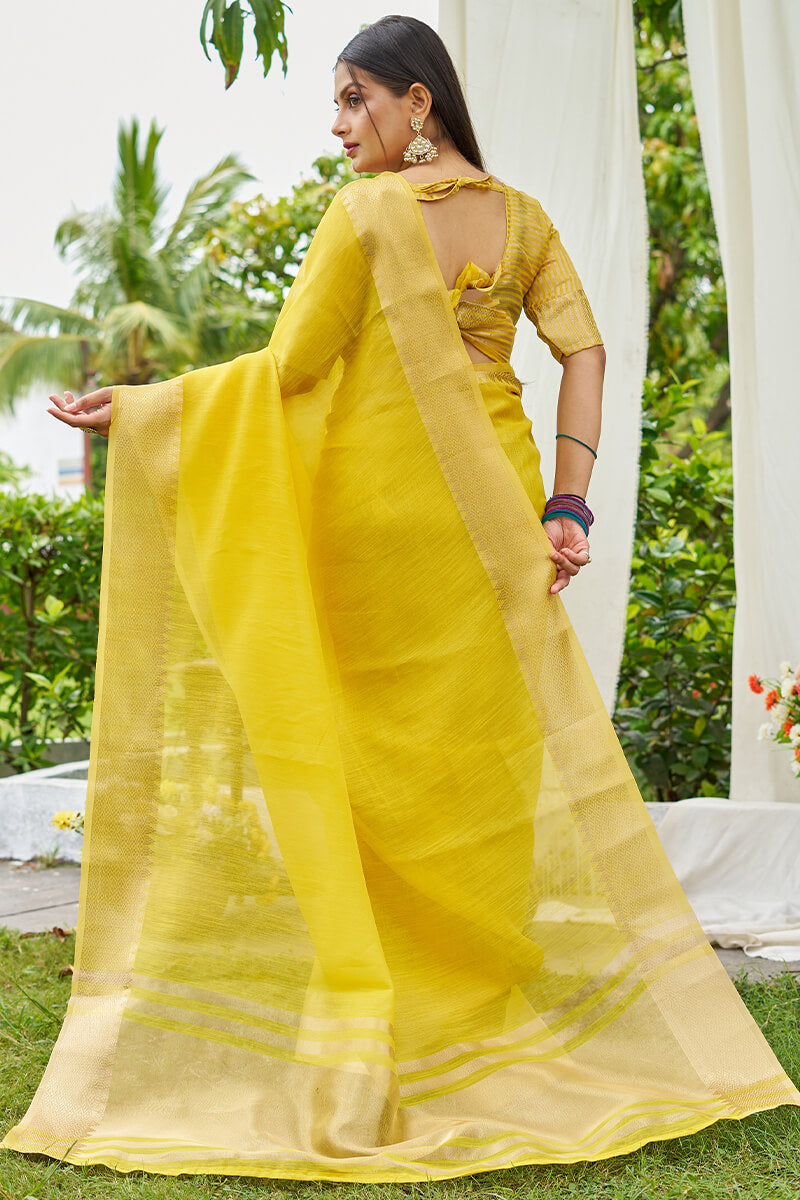 Opulent Yellow Cotton Silk Saree With Charming Blouse Piece