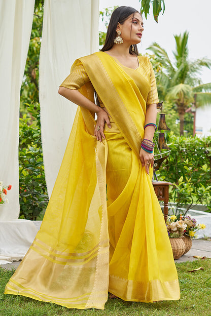 Opulent Yellow Cotton Silk Saree With Charming Blouse Piece