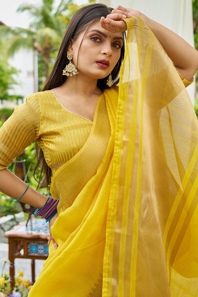 Opulent Yellow Cotton Silk Saree With Charming Blouse Piece