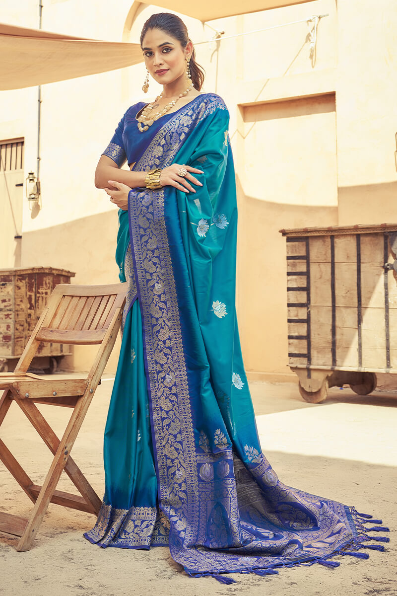Scintilla Blue Soft Banarasi Silk Saree With Girlish Blouse Piece