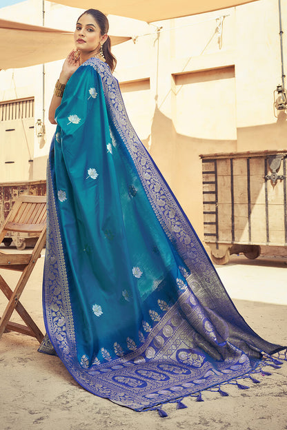 Scintilla Blue Soft Banarasi Silk Saree With Girlish Blouse Piece
