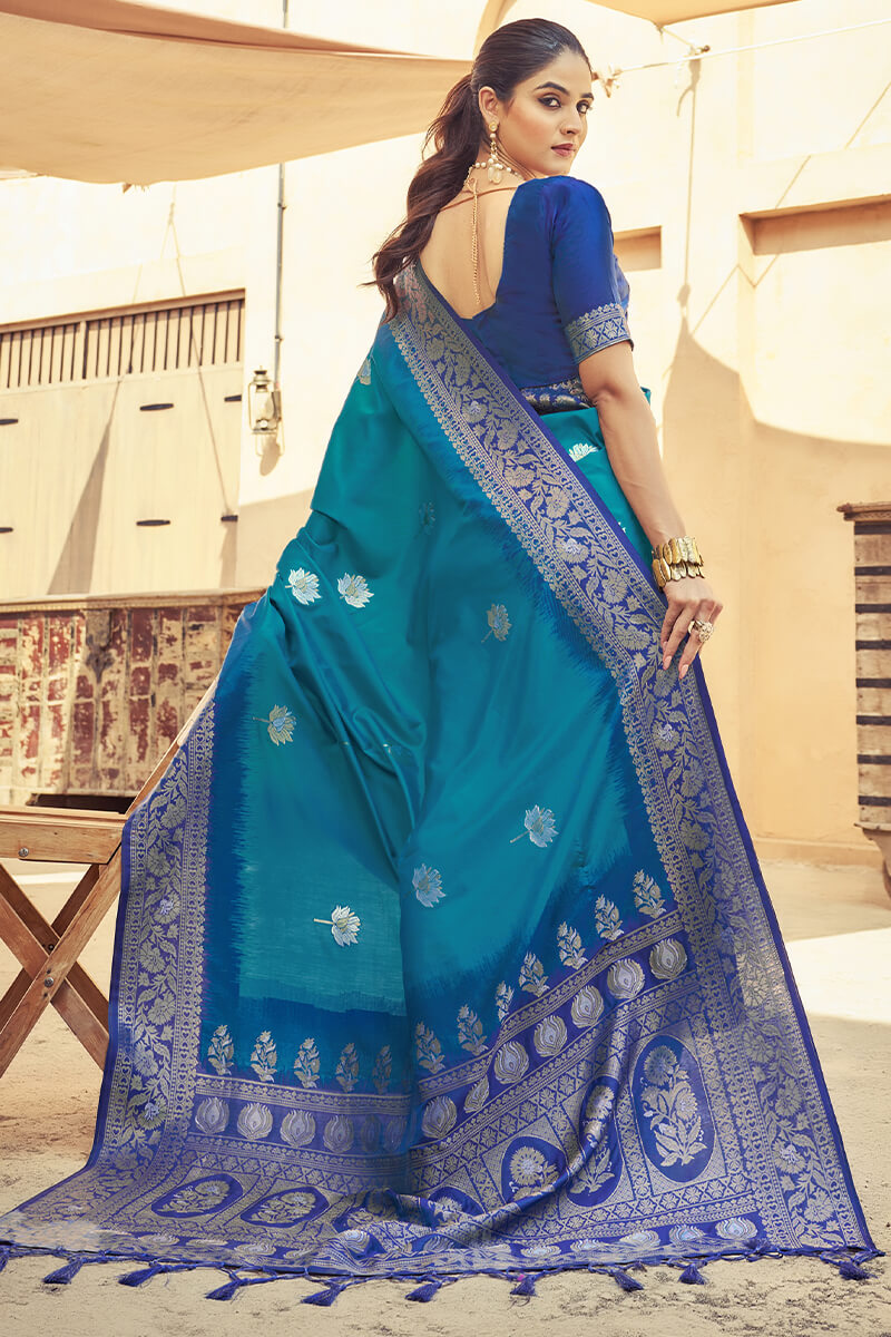 Scintilla Blue Soft Banarasi Silk Saree With Girlish Blouse Piece