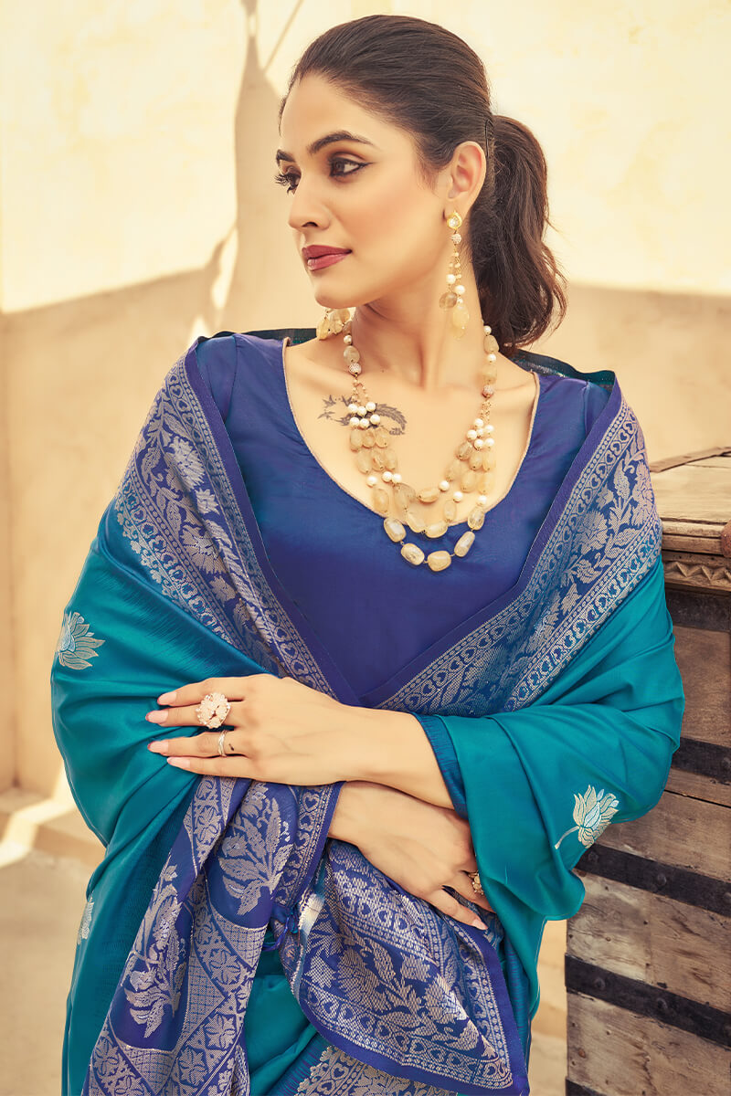 Scintilla Blue Soft Banarasi Silk Saree With Girlish Blouse Piece