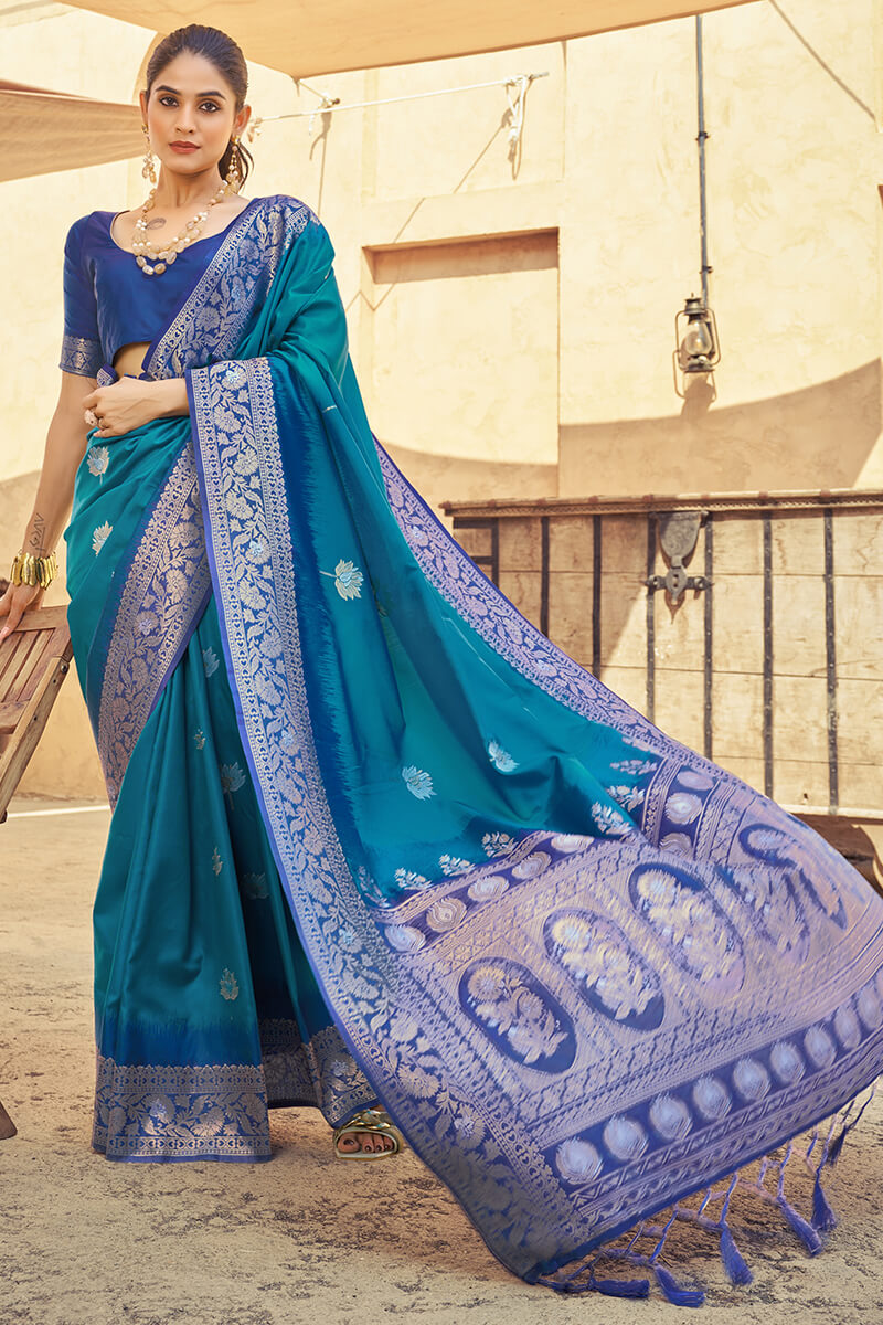 Scintilla Blue Soft Banarasi Silk Saree With Girlish Blouse Piece