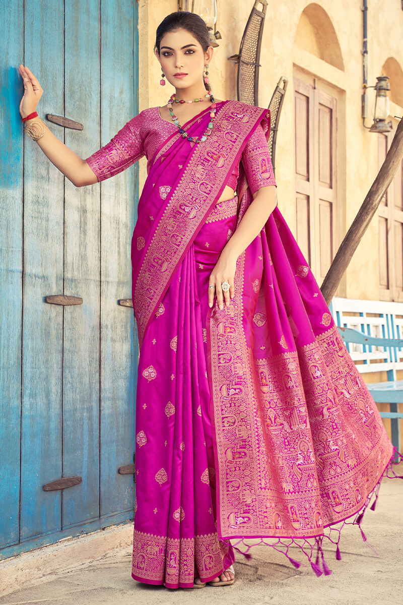 Beleaguer Dark Pink Soft Banarasi Silk Saree With Unique Blouse Piece