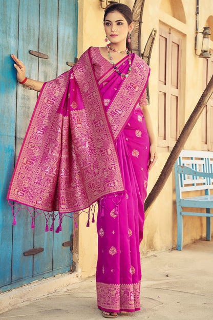 Beleaguer Dark Pink Soft Banarasi Silk Saree With Unique Blouse Piece