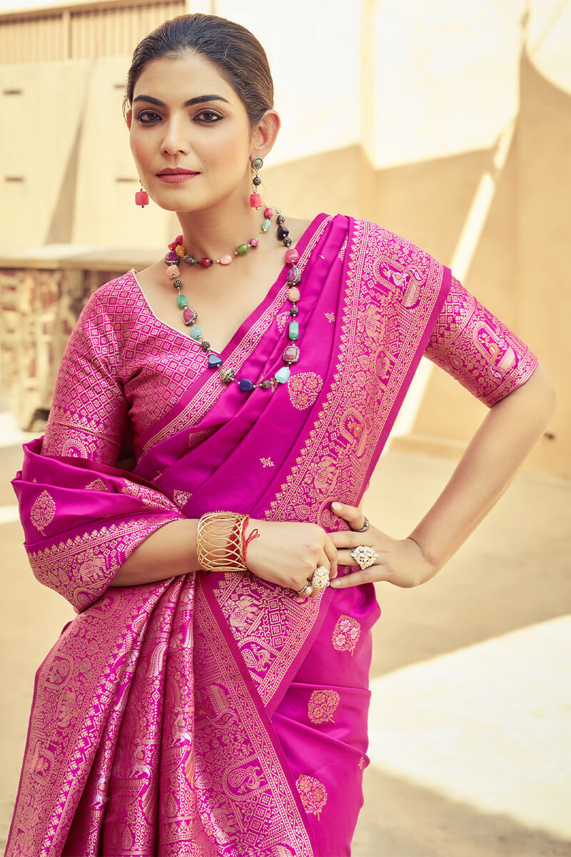 Beleaguer Dark Pink Soft Banarasi Silk Saree With Unique Blouse Piece