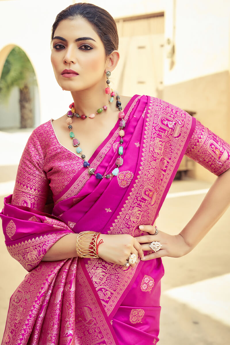 Beleaguer Dark Pink Soft Banarasi Silk Saree With Unique Blouse Piece