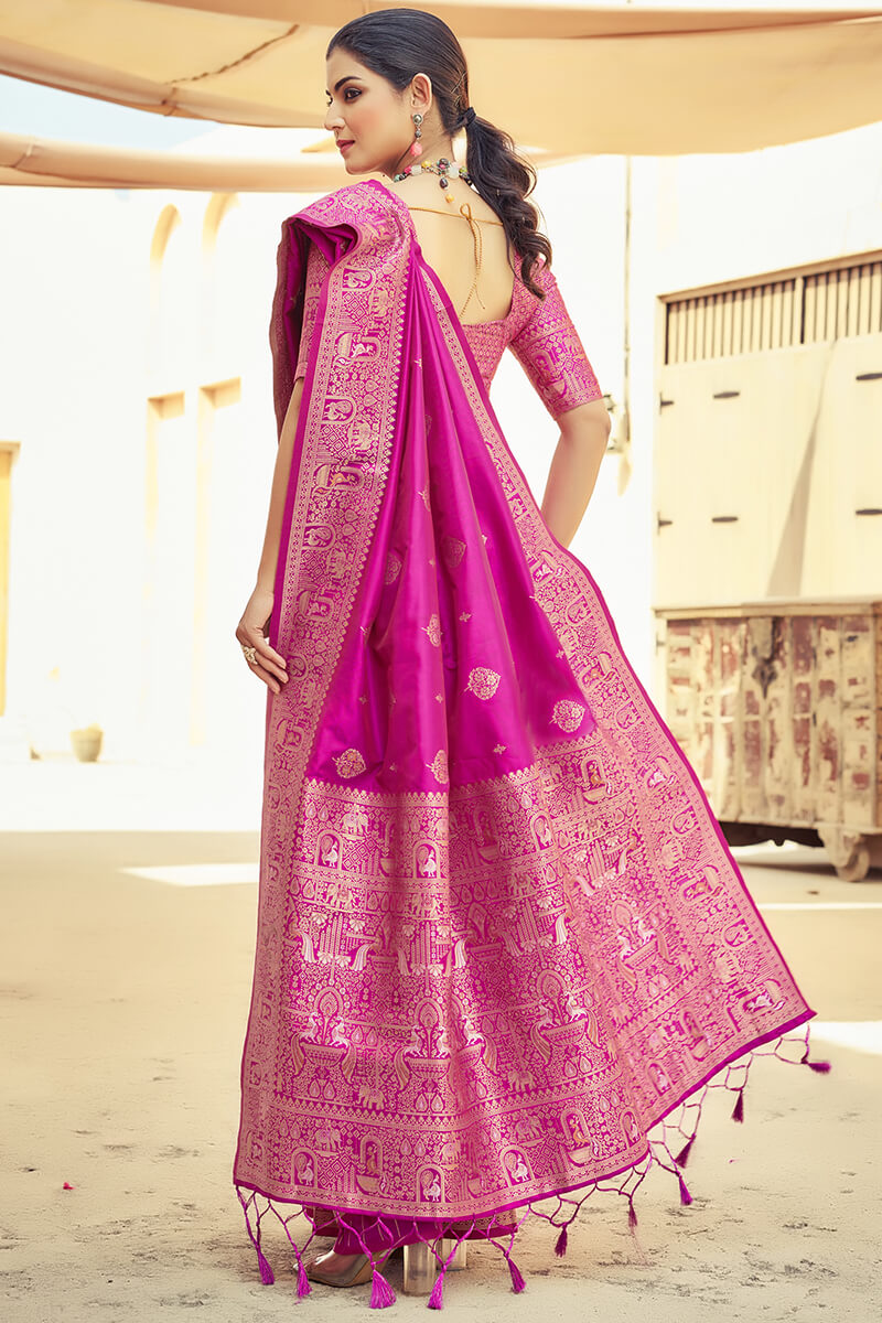 Beleaguer Dark Pink Soft Banarasi Silk Saree With Unique Blouse Piece