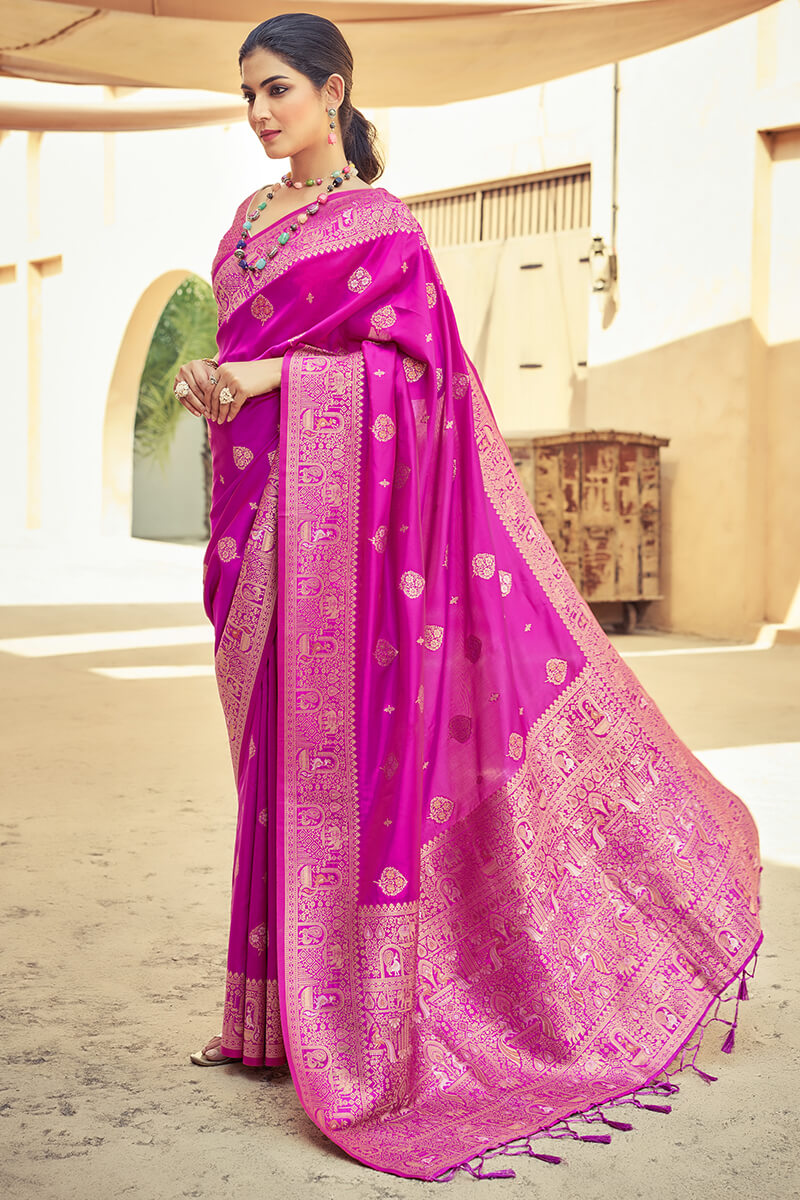 Beleaguer Dark Pink Soft Banarasi Silk Saree With Unique Blouse Piece