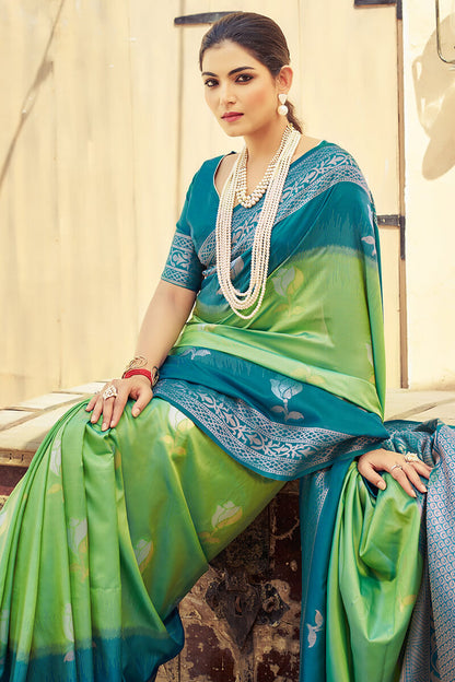 Tremendous Green Soft Banarasi Silk Saree With Epiphany Blouse Piece