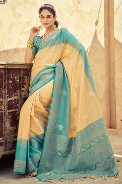 Gorgeous Peach Soft Banarasi Silk Saree With Trendy Blouse Piece