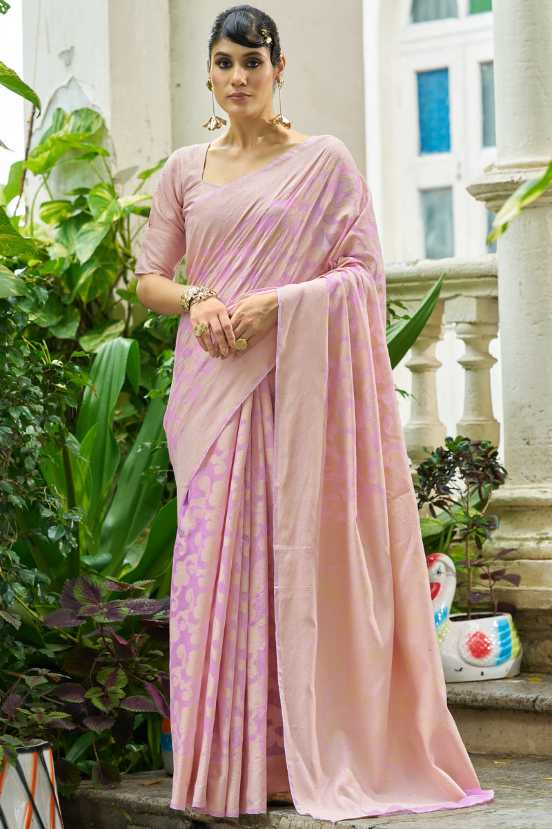 Flaunt Baby Pink Lucknowi Silk Saree With Exuberant Blouse Piece