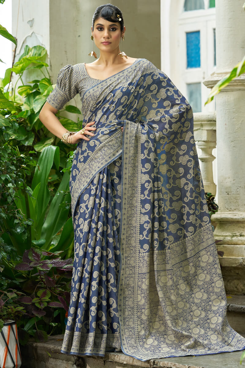 Eclat Blue Lucknowi Silk Saree With Imbrication Blouse Piece