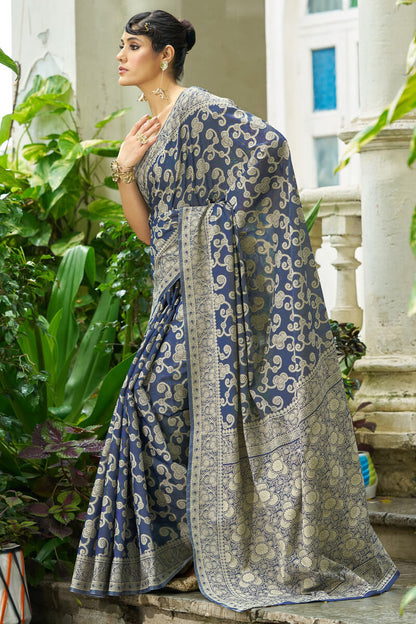 Eclat Blue Lucknowi Silk Saree With Imbrication Blouse Piece