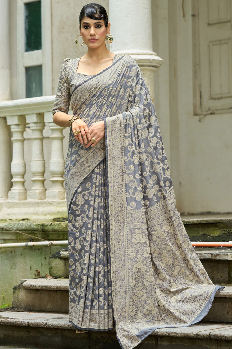 Lassitude Dark Grey Lucknowi Silk Saree With Seraglio Blouse Piece