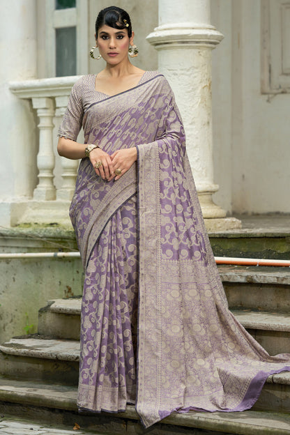 Mesmeric Lavender Lucknowi Silk Saree With Energetic Blouse Piece