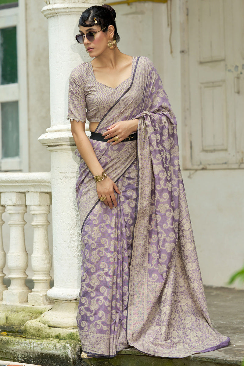 Mesmeric Lavender Lucknowi Silk Saree With Energetic Blouse Piece