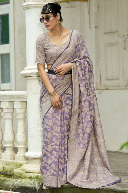 Mesmeric Lavender Lucknowi Silk Saree With Energetic Blouse Piece