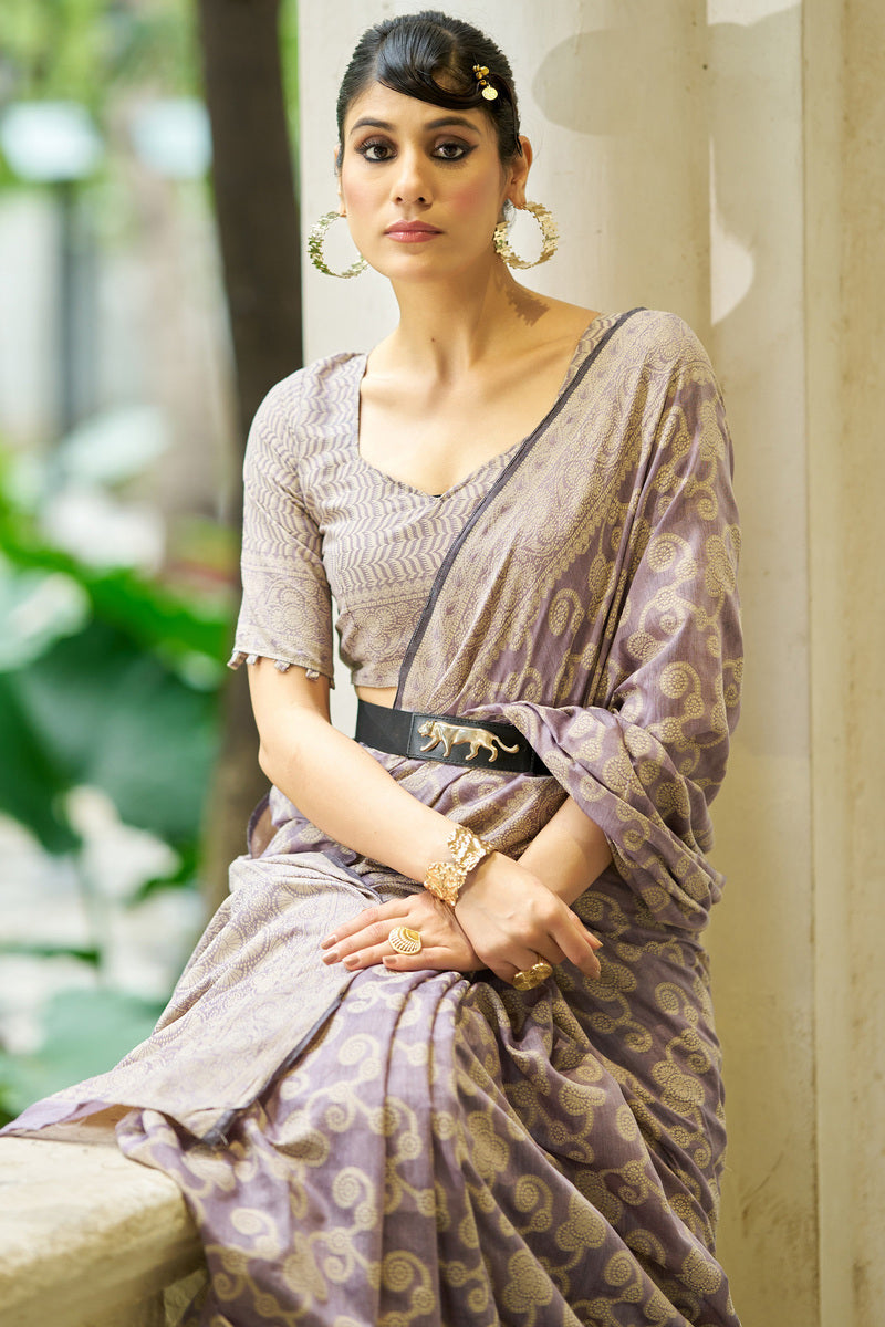 Mesmeric Lavender Lucknowi Silk Saree With Energetic Blouse Piece