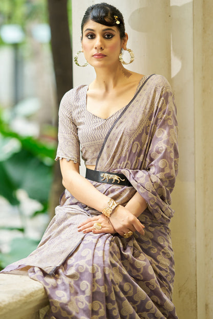 Mesmeric Lavender Lucknowi Silk Saree With Energetic Blouse Piece