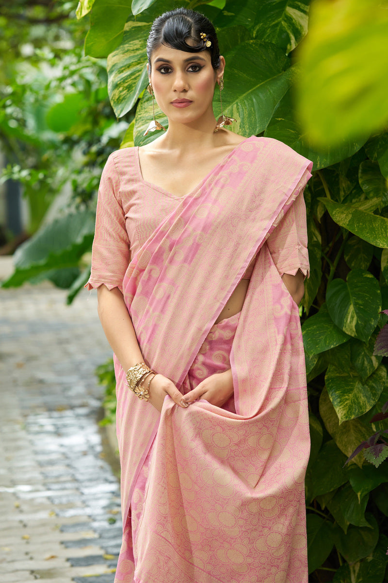 Ornate Light Pink Lucknowi Silk Saree With Fugacious Blouse Piece