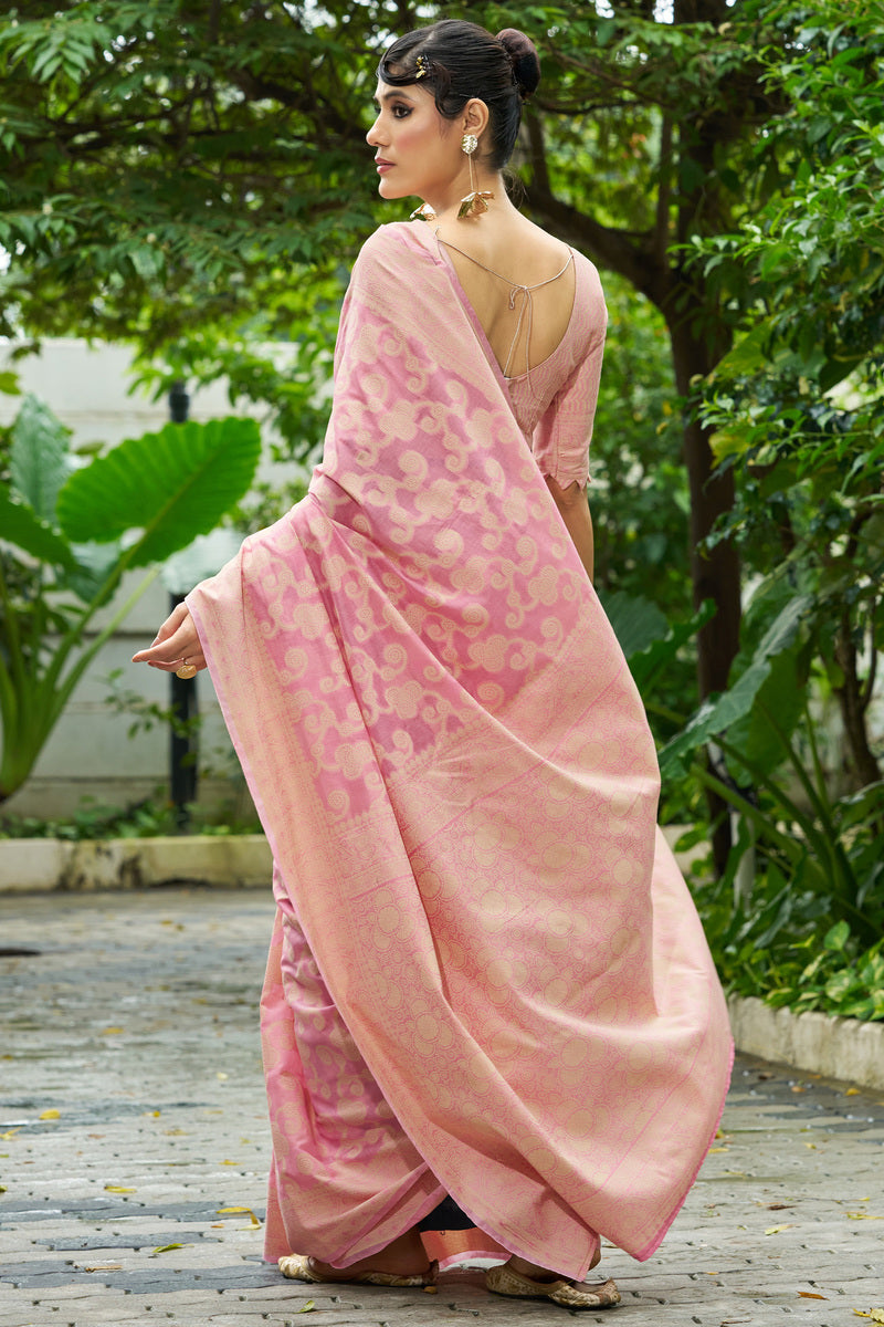 Ornate Light Pink Lucknowi Silk Saree With Fugacious Blouse Piece