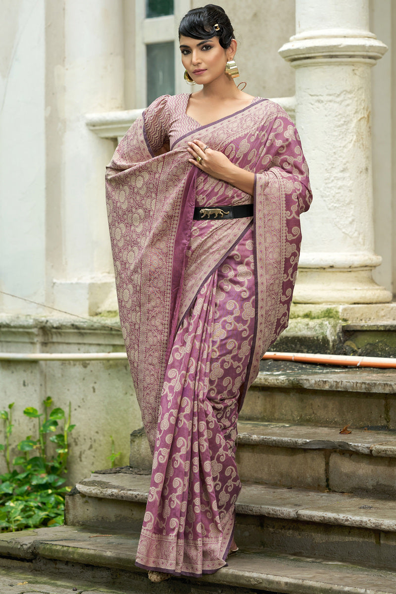 Unequalled Light Purple Lucknowi Silk Saree With Engrossing Blouse Piece
