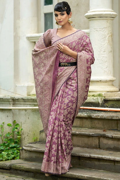 Unequalled Light Purple Lucknowi Silk Saree With Engrossing Blouse Piece