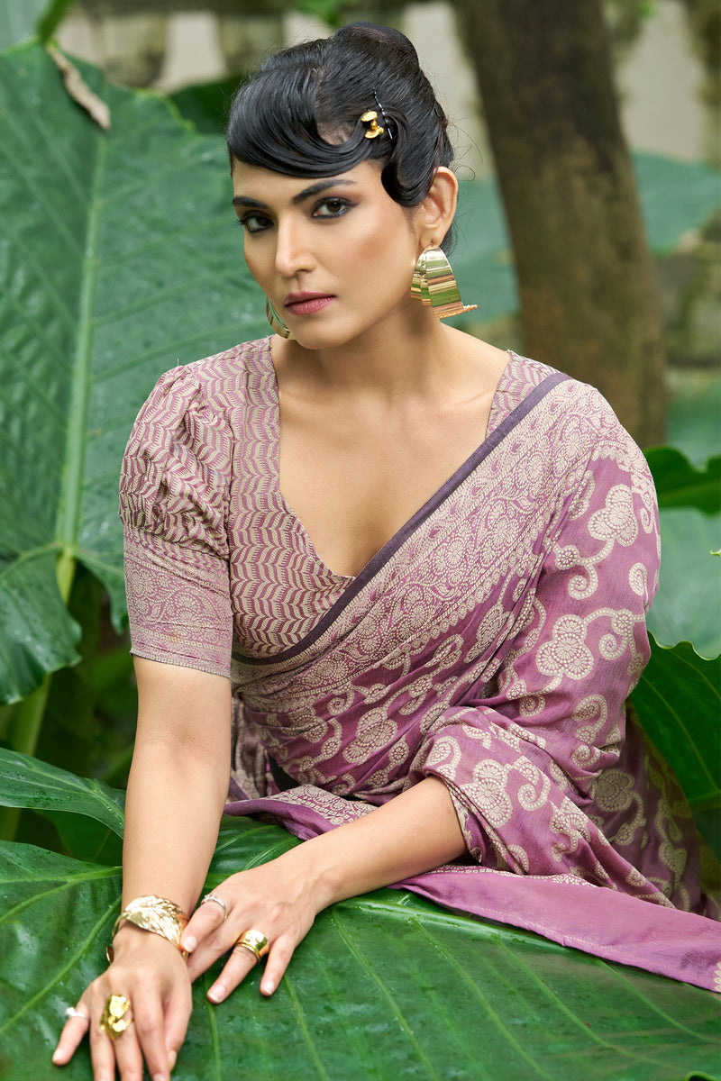 Unequalled Light Purple Lucknowi Silk Saree With Engrossing Blouse Piece