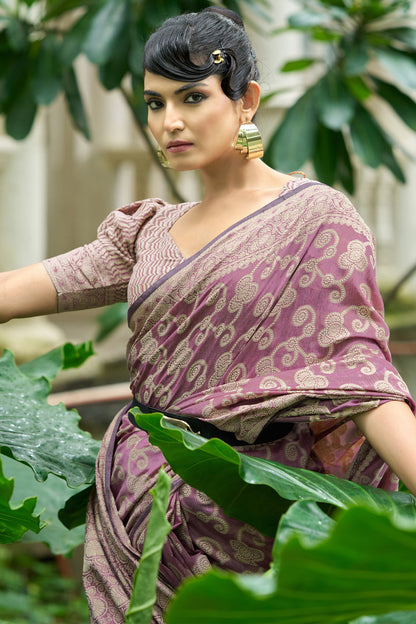 Unequalled Light Purple Lucknowi Silk Saree With Engrossing Blouse Piece