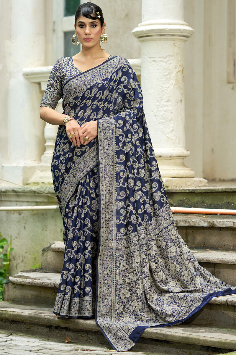Lustrous Navy Blue Lucknowi Silk Saree With Ideal Blouse Piece